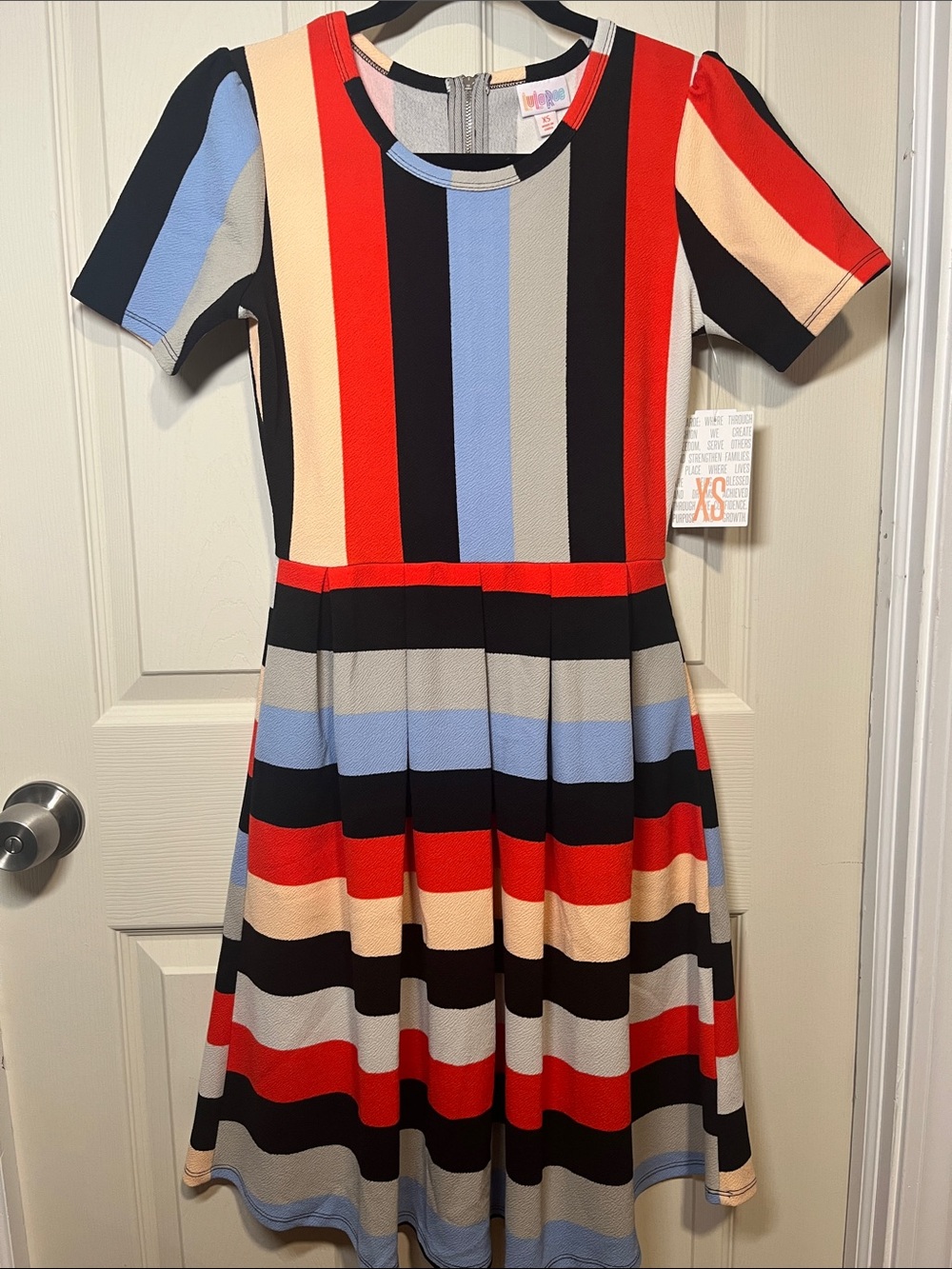 LuLaRoe Striped Fit-and-Flare Dress - Red, Black, Light Blue, Cream, Gray